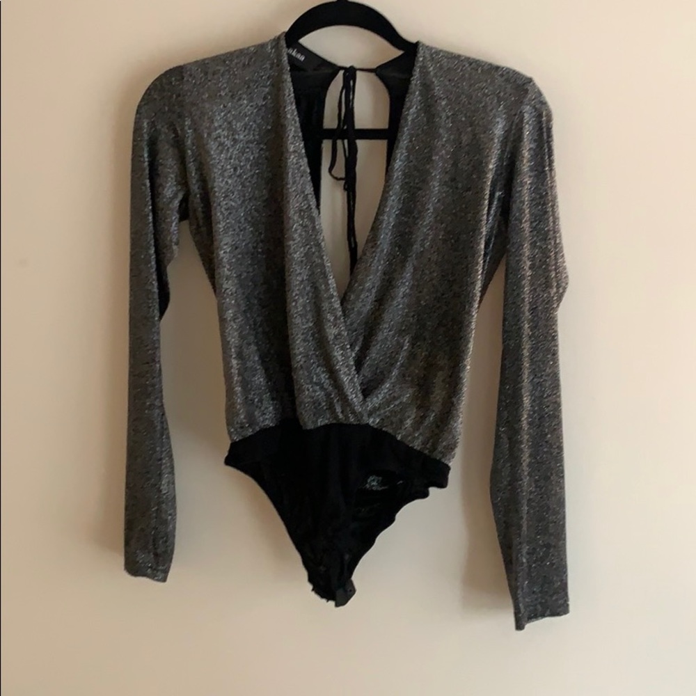 Deep V silver bodysuit- open back